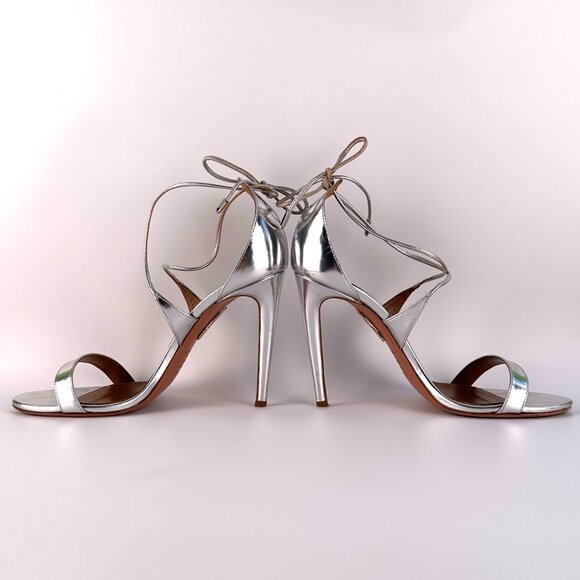 AQUAZZURA Linda 105 Silver Leather Ankle Tie High-Heel Sandals - Size 38.5 - Picture 4 of 12